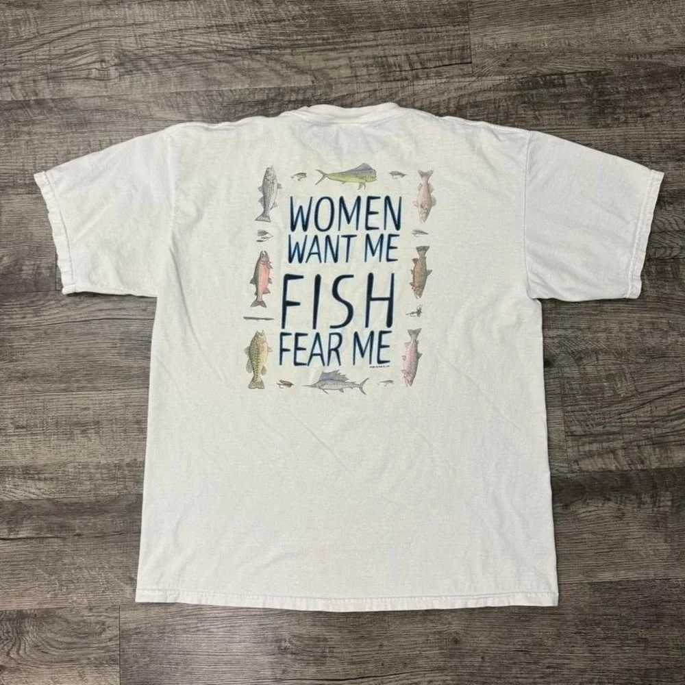 Vintage Women Want Me Fish Fear Me Fishing Humor T Shirt Comedy Bass Pro Tee XL